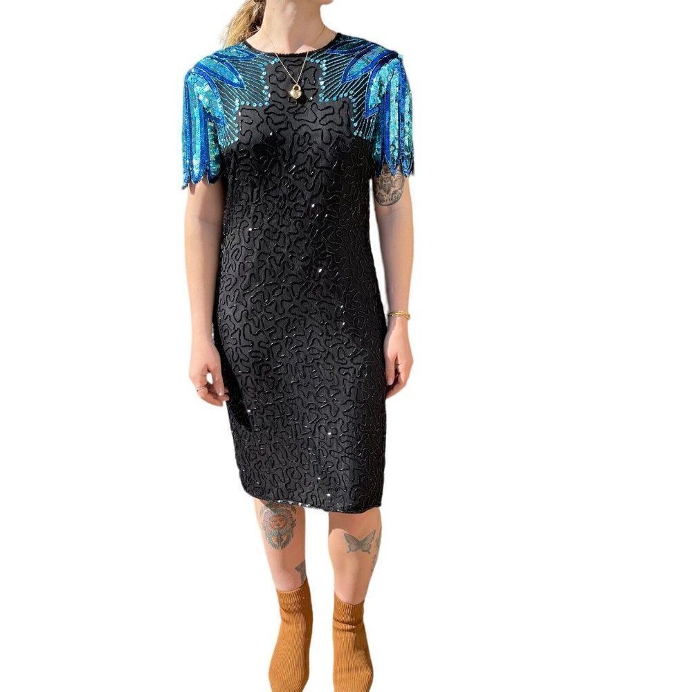 Vintage 80s Womens Mermaidcore Blue Sequin Metallic Party Cocktail Mini Dress M